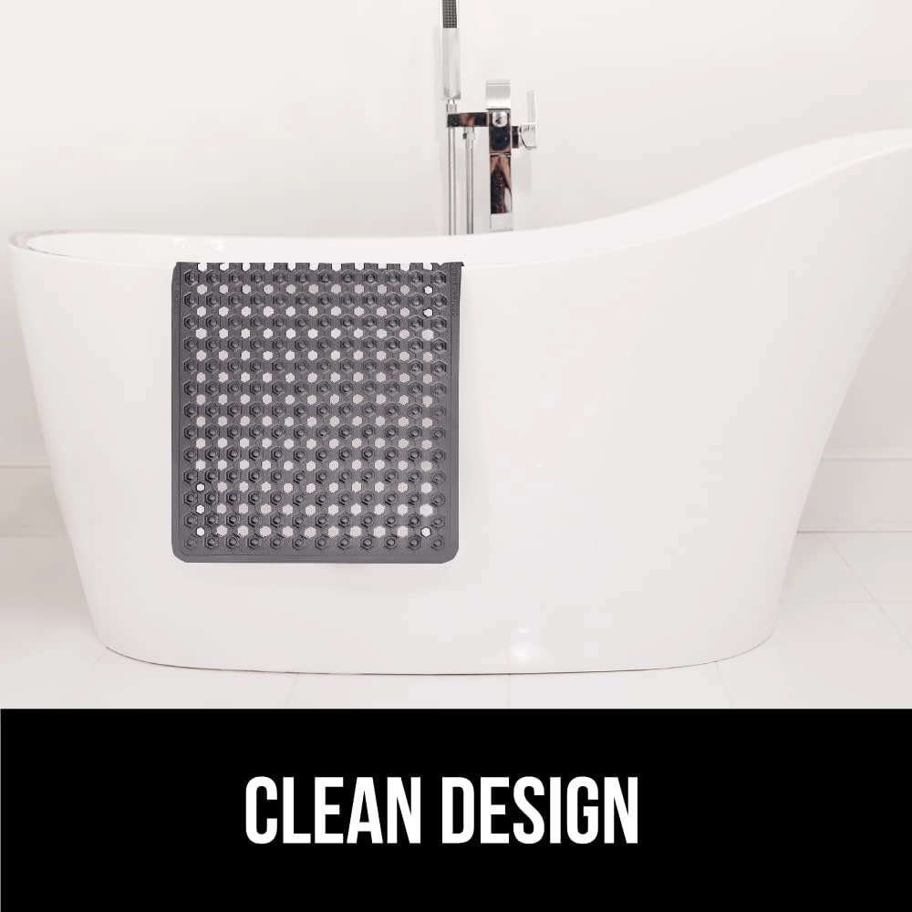 GORILLA Grip Patented Bath Tub Shower Mat, Machine Washable Bathtub Floor Liner Mats, Suction Cups and Drain Holes to Keep Tubs Clean, Soft on Feet, Bathroom Essentials, 35x16 Inch, Gray Opaque