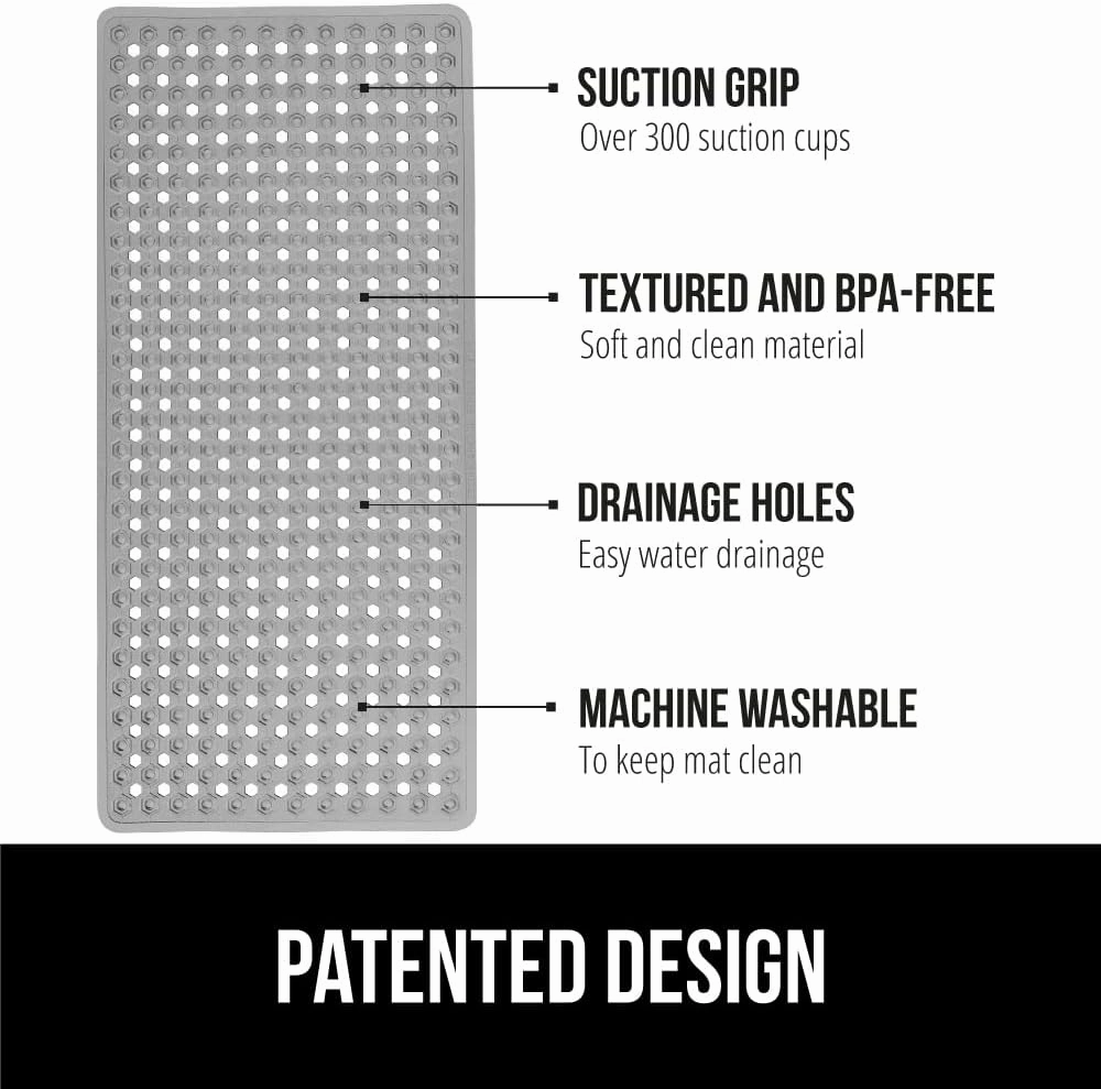 GORILLA Grip Patented Bath Tub Shower Mat, Machine Washable Bathtub Floor Liner Mats, Suction Cups and Drain Holes to Keep Tubs Clean, Soft on Feet, Bathroom Essentials, 35x16 Inch, Gray Opaque