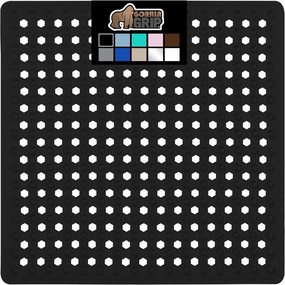 GORILLA GRIP Patented Square Shower Stall Mat, Small Bathtub Floor Mats for Stand Up Showers, Suction Cups and Drainage Holes, Machine Wash, Soft on Feet, Bathroom Accessories 21x21 Inch, Black Opaque