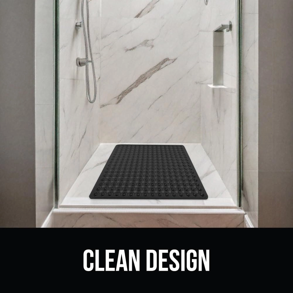 GORILLA GRIP Patented Square Shower Stall Mat, Small Bathtub Floor Mats for Stand Up Showers, Suction Cups and Drainage Holes, Machine Wash, Soft on Feet, Bathroom Accessories 21x21 Inch, Black Opaque