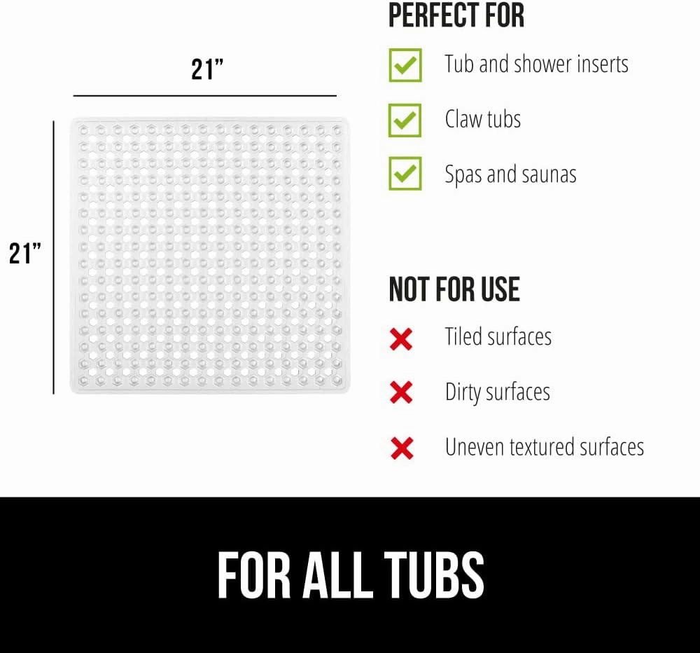 GORILLA GRIP Patented Square Shower Stall Mat, Small Bathtub Floor Mats for Stand Up Showers with Suction Cups and Drainage Holes, Machine Wash, Soft on Feet, Bathroom Accessories 21x21 Inch, Clear
