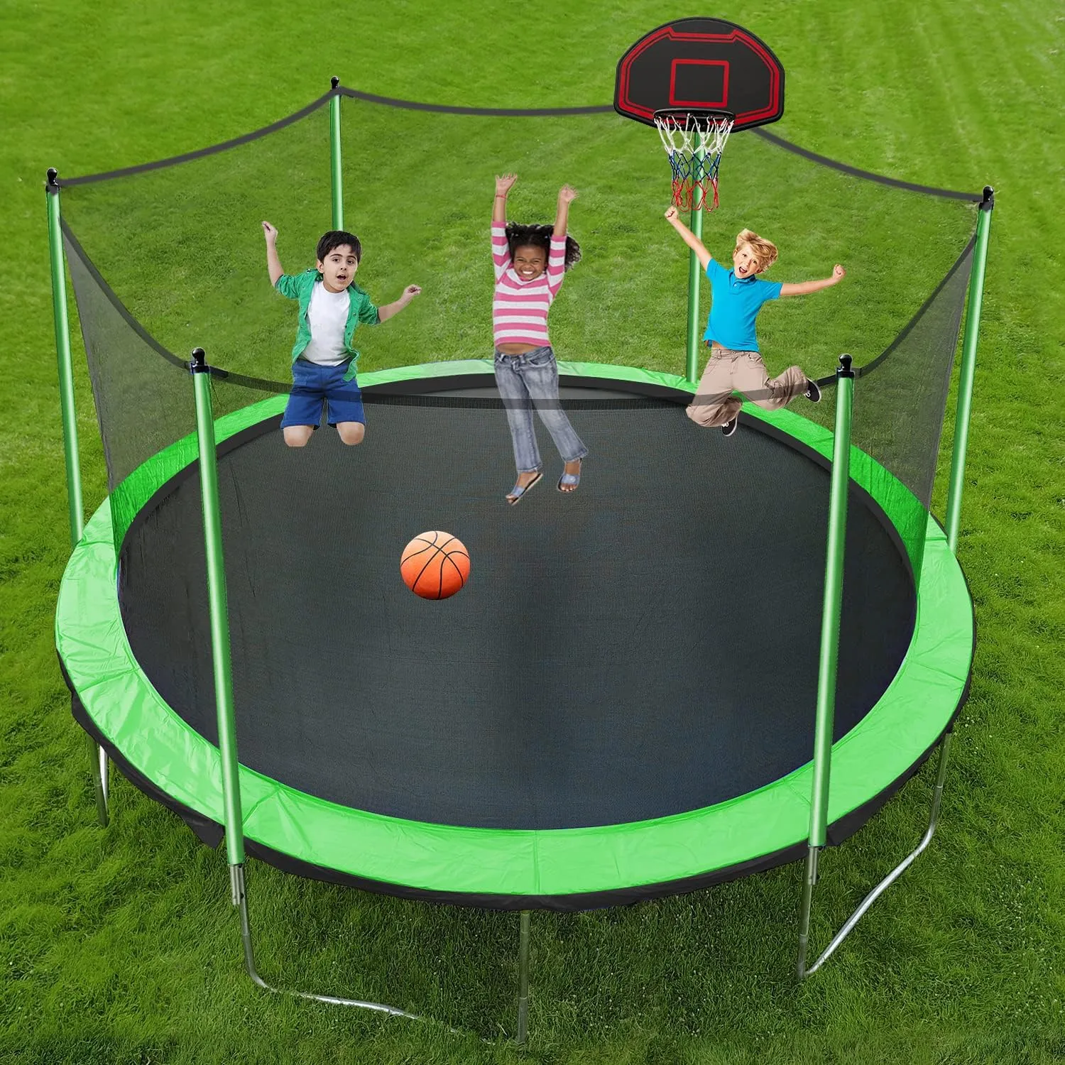 Goujxcy 1500 LBS Trampoline for Kids and Adults, 8 FT 12 FT 14 FT 16 FT Trampoline with Lights, Disco Ball with Speaker, Enclosure Net, Sprinkler, Water Balls, Socks - Heavy Duty Outdoor Trampolines