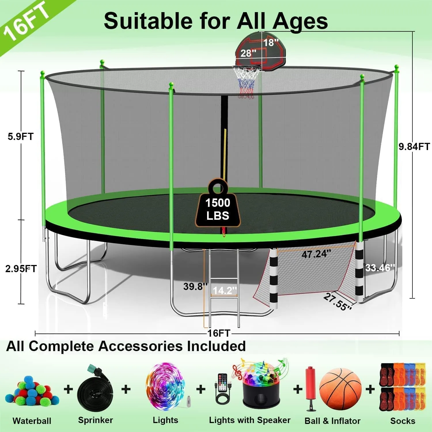 Goujxcy 1500 LBS Trampoline for Kids and Adults, 8 FT 12 FT 14 FT 16 FT Trampoline with Lights, Disco Ball with Speaker, Enclosure Net, Sprinkler, Water Balls, Socks - Heavy Duty Outdoor Trampolines