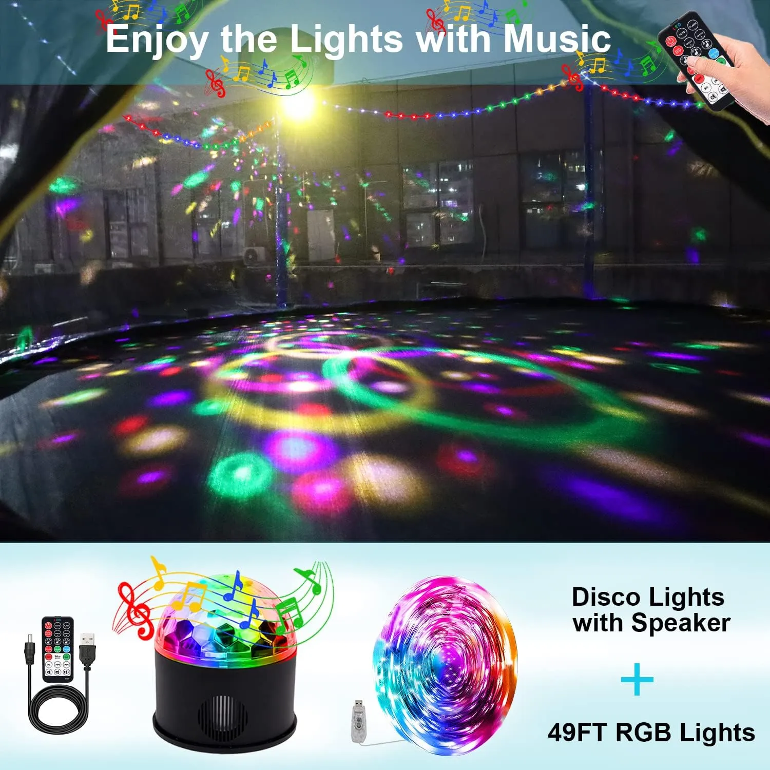 Goujxcy 1500 LBS Trampoline for Kids and Adults, 8 FT 12 FT 14 FT 16 FT Trampoline with Lights, Disco Ball with Speaker, Enclosure Net, Sprinkler, Water Balls, Socks - Heavy Duty Outdoor Trampolines