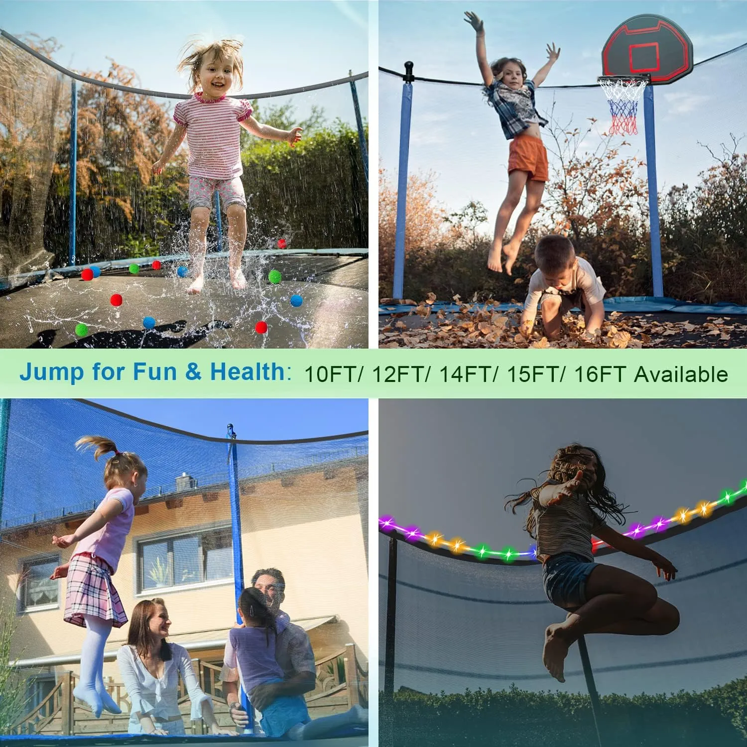 Goujxcy 1500 LBS Trampoline for Kids and Adults, 8 FT 12 FT 14 FT 16 FT Trampoline with Lights, Disco Ball with Speaker, Enclosure Net, Sprinkler, Water Balls, Socks - Heavy Duty Outdoor Trampolines