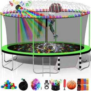 Goujxcy 1500 LBS Trampoline for Kids and Adults, 8 FT 12 FT 14 FT 16 FT Trampoline with Lights, Disco Ball with Speaker, Enclosure Net, Sprinkler, Water Balls, Socks - Heavy Duty Outdoor Trampolines