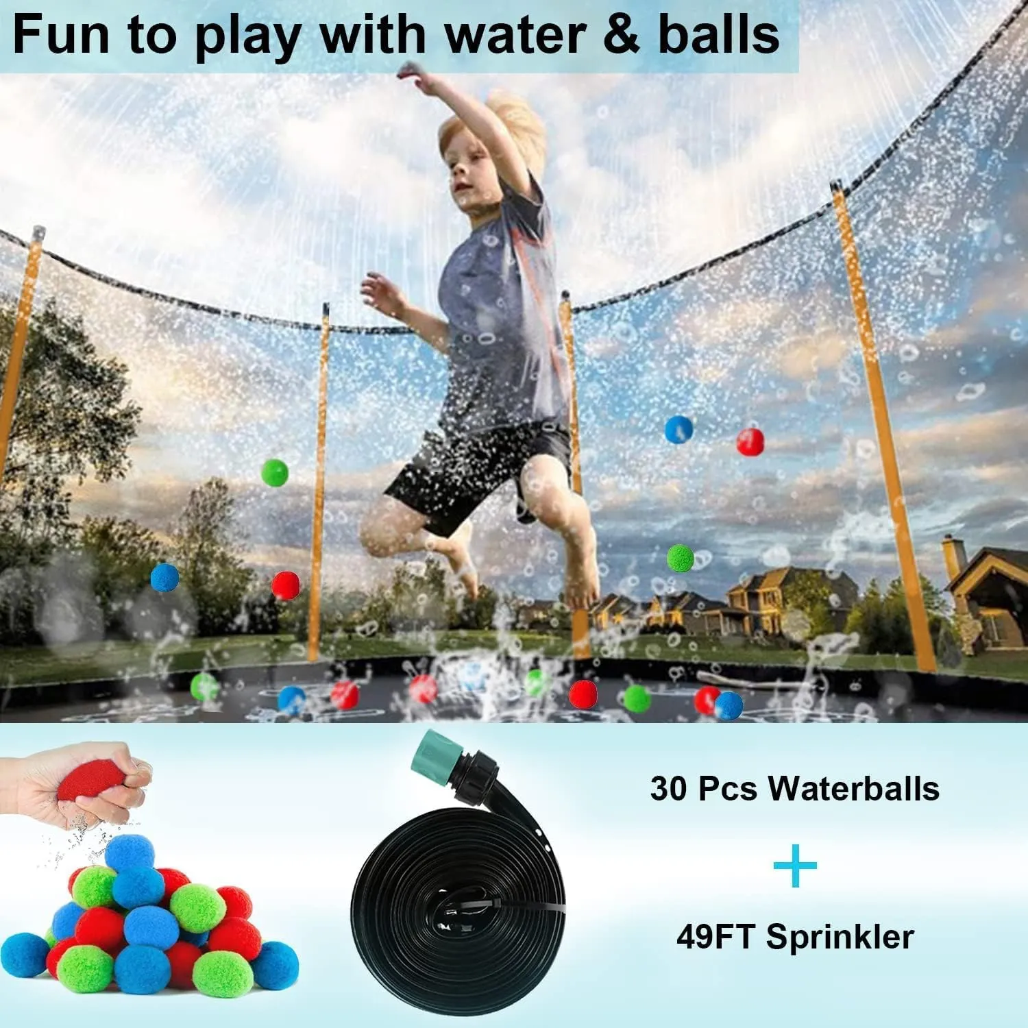 Goujxcy 1500 LBS Trampoline for Kids and Adults, 8 FT 12 FT 14 FT 16 FT Trampoline with Lights, Disco Ball with Speaker, Enclosure Net, Sprinkler, Water Balls, Socks - Heavy Duty Outdoor Trampolines