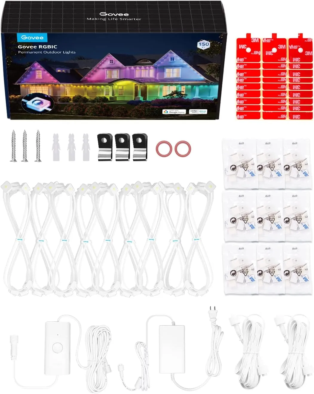 Govee Permanent Outdoor Lights, Smart RGBIC Outdoor Lights with 75 Scene Modes, 150ft with 108 LED Lights, IP67 Waterproof for Patio Decorations, Work with Alexa, Google Assistant, White