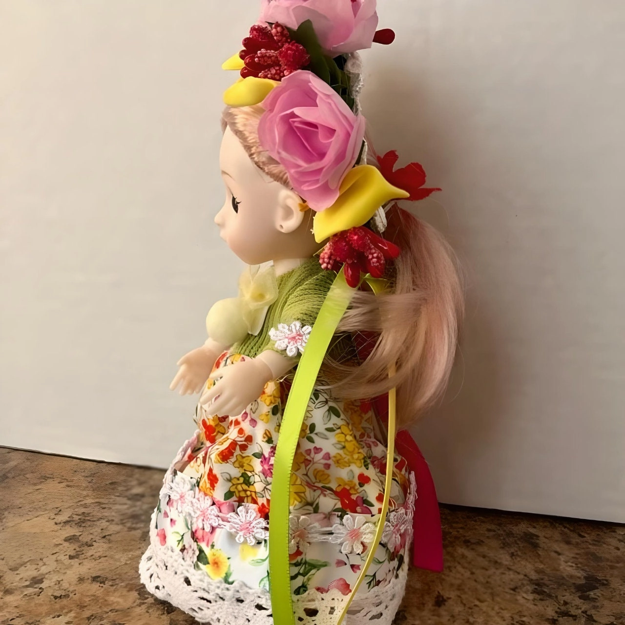 Green/Yellow Miniature Ukrainian Doll with Floral Wreath