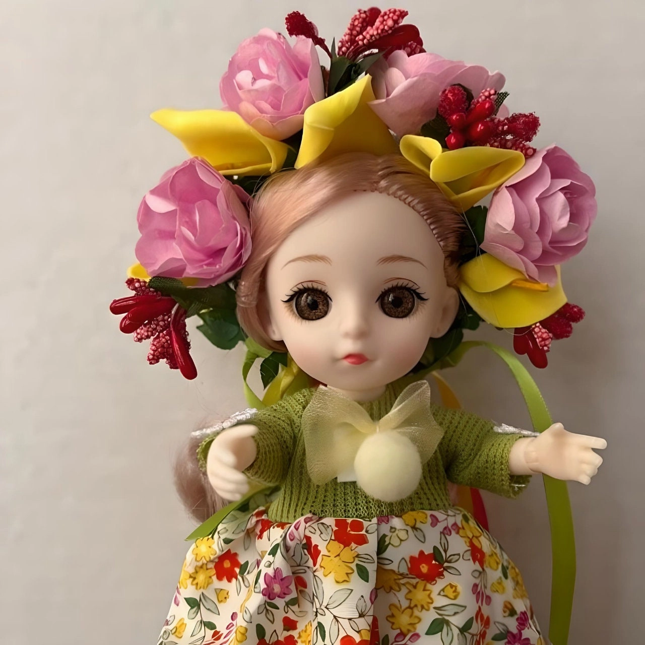 Green/Yellow Miniature Ukrainian Doll with Floral Wreath