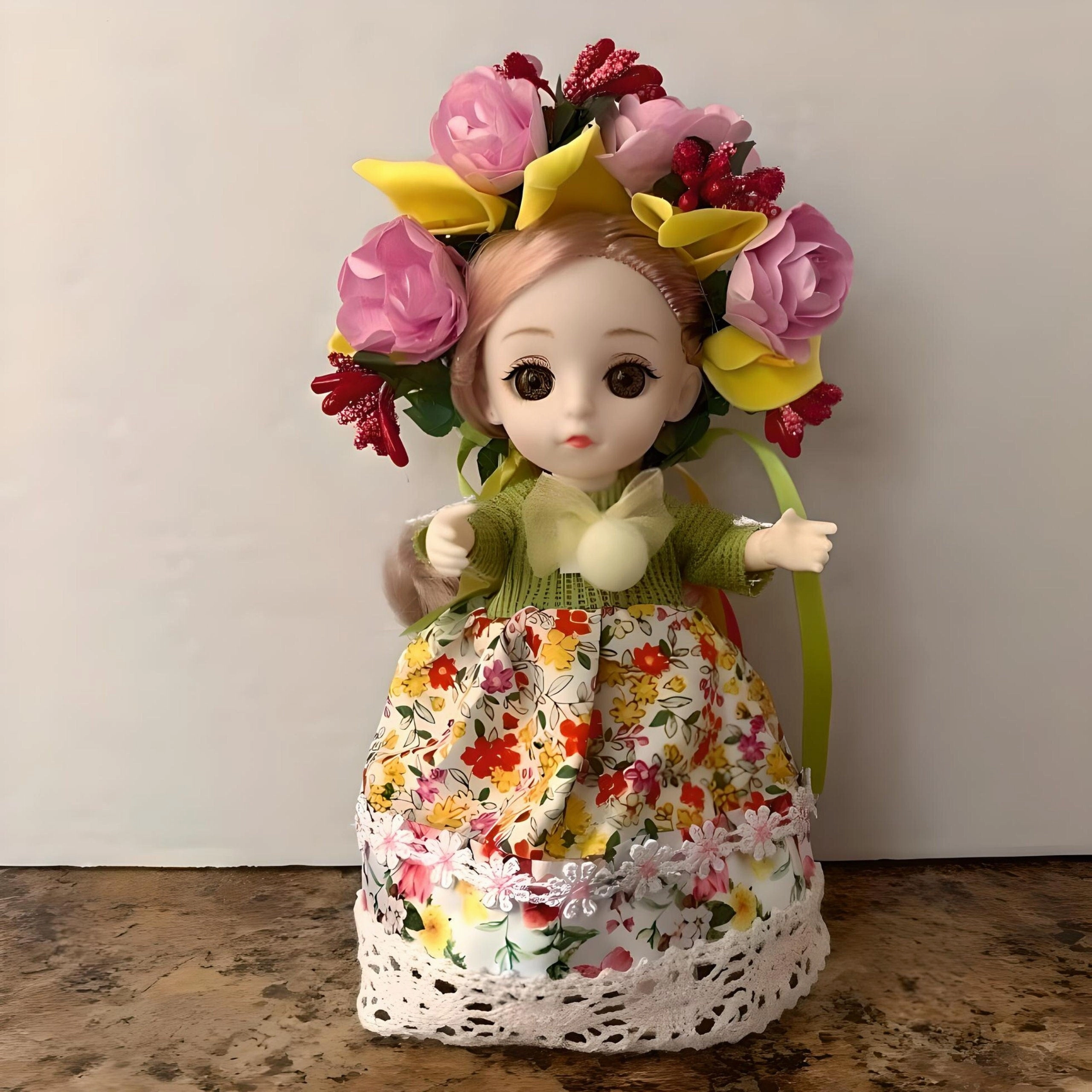 Green/Yellow Miniature Ukrainian Doll with Floral Wreath