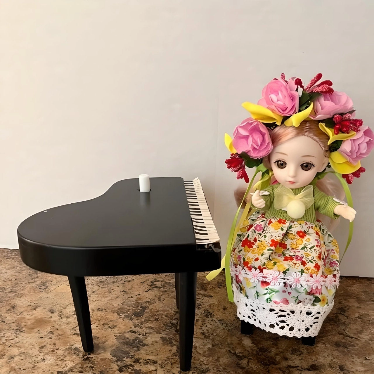 Green/Yellow Miniature Ukrainian Doll with Floral Wreath
