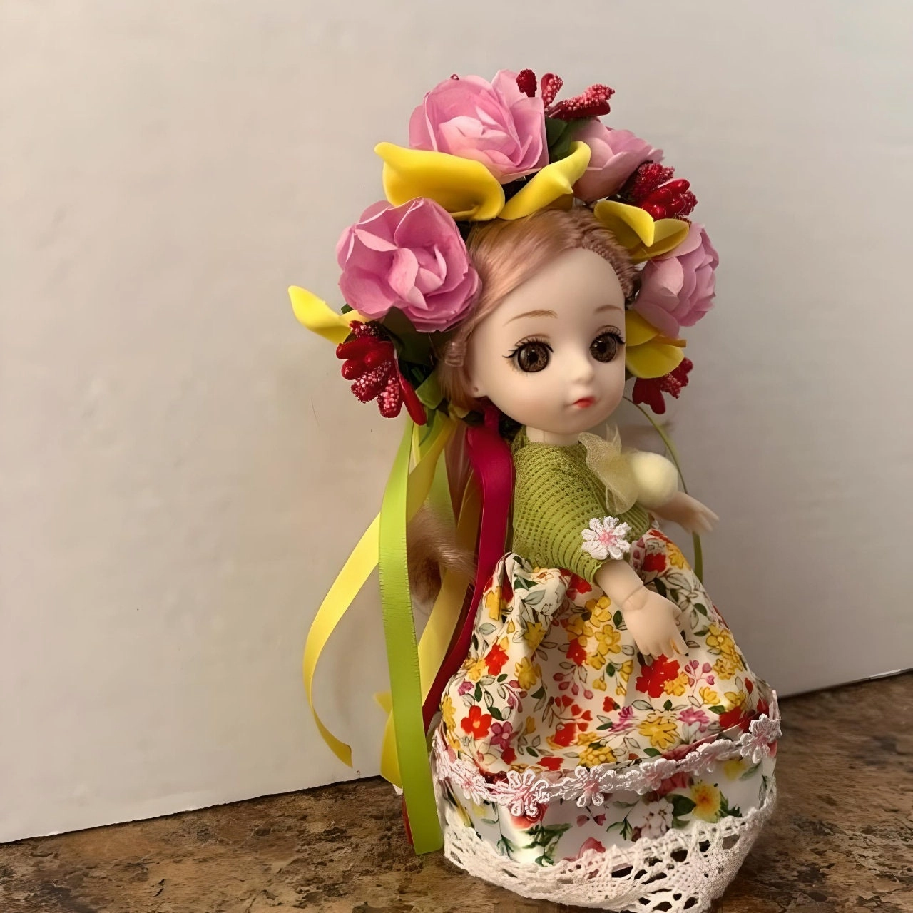 Green/Yellow Miniature Ukrainian Doll with Floral Wreath