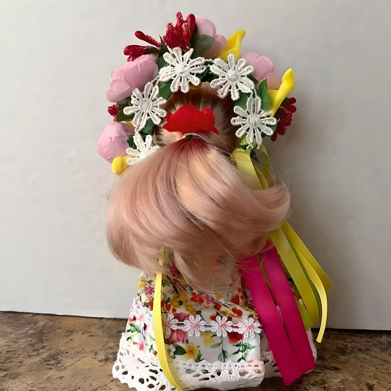Green/Yellow Miniature Ukrainian Doll with Floral Wreath