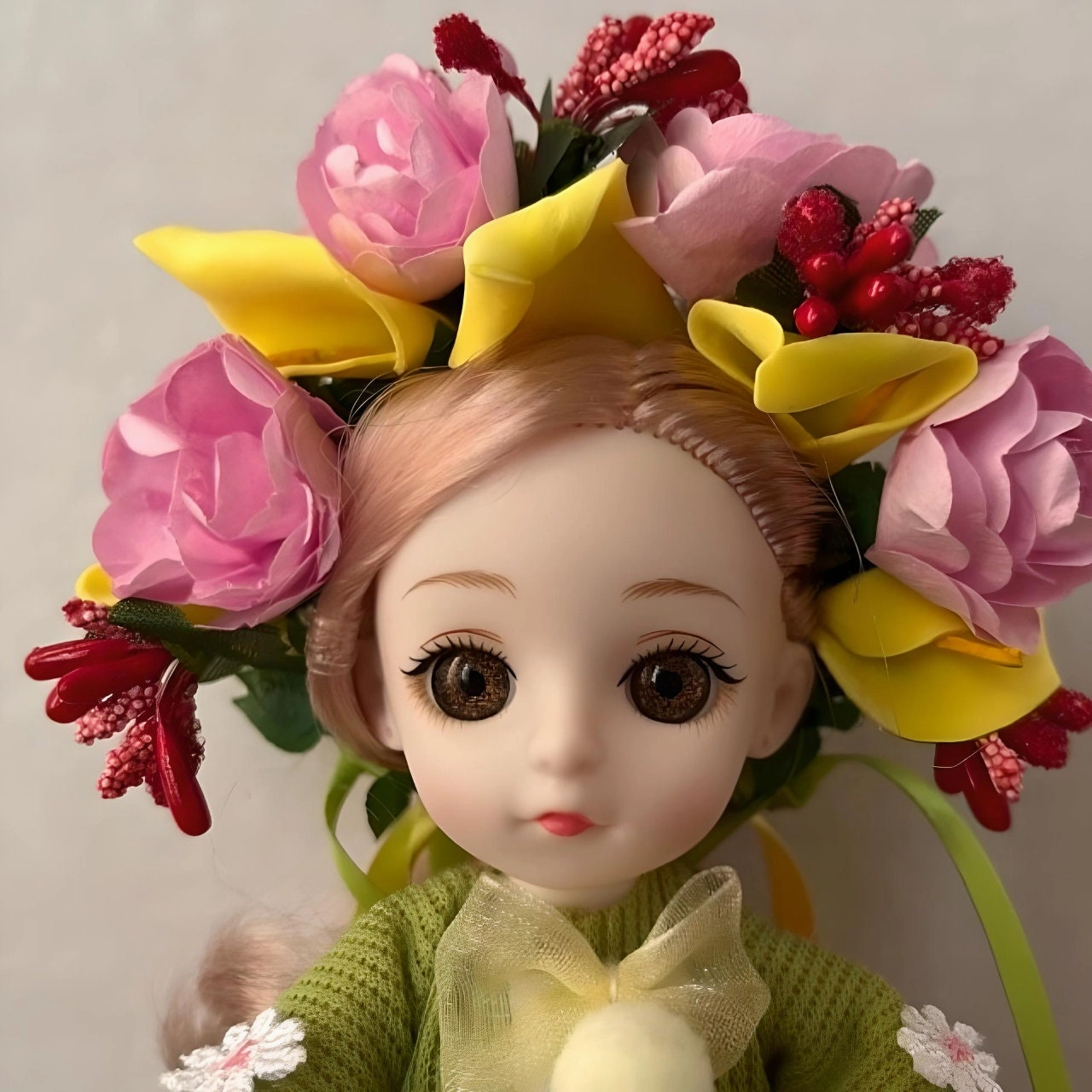 Green/Yellow Miniature Ukrainian Doll with Floral Wreath