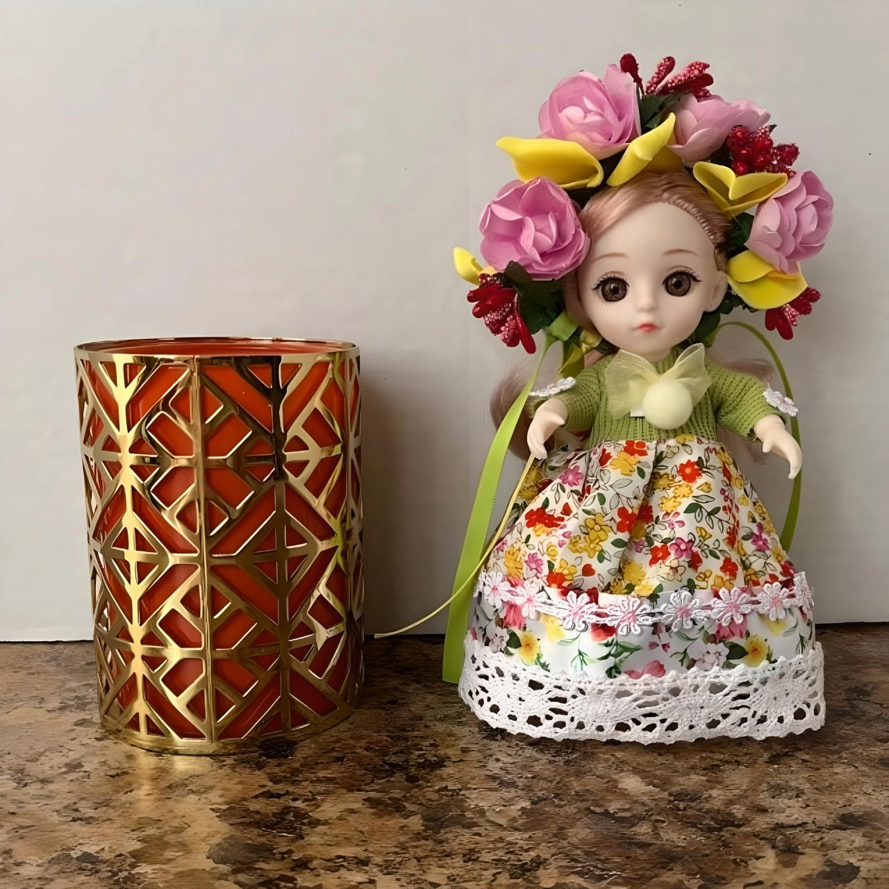 Green/Yellow Miniature Ukrainian Doll with Floral Wreath