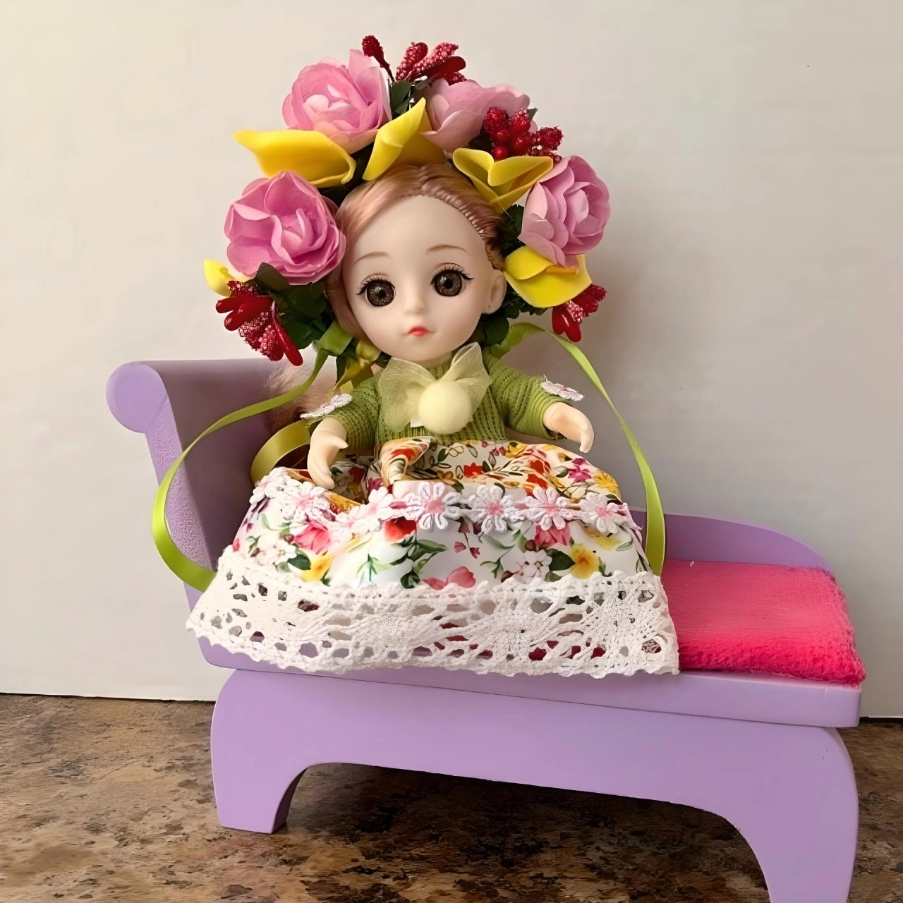 Green/Yellow Miniature Ukrainian Doll with Floral Wreath