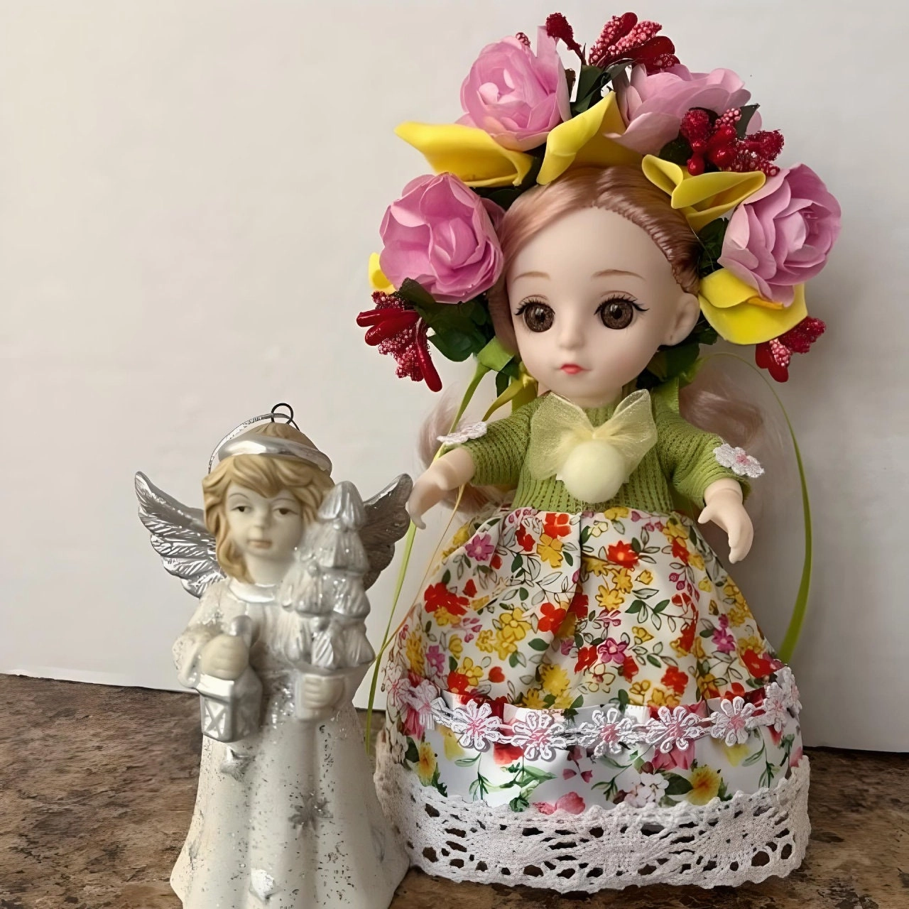 Green/Yellow Miniature Ukrainian Doll with Floral Wreath