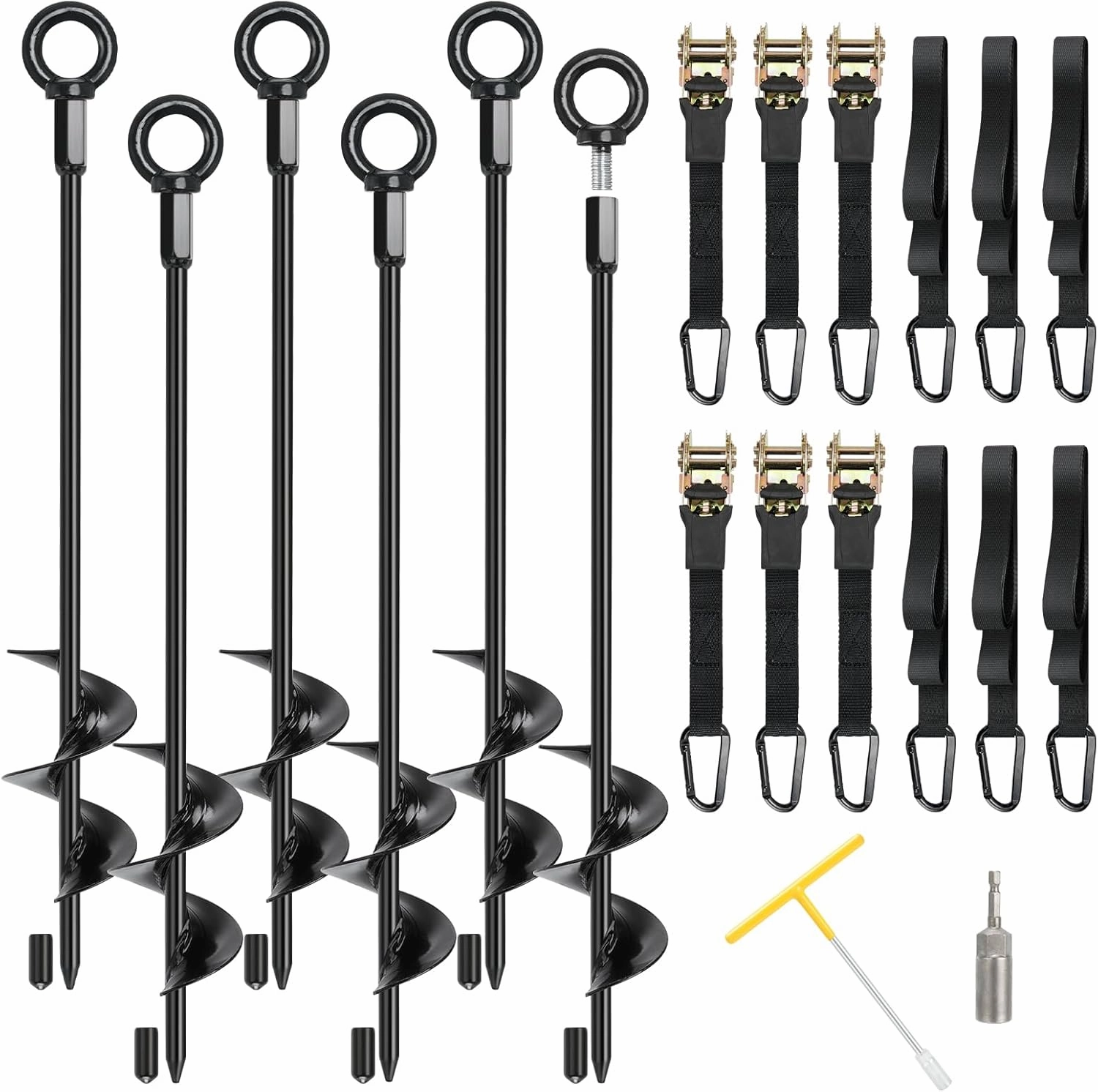 Ground Anchors, 6 Pack 18" RV Awning Tie Down Kit, Screw in Tent Stakes, Trampoline Anchors High Wind Heavy Duty with 6 Ratchet Straps for Campers Carport Sheds Swing Set Dog Tie Outs Stakes