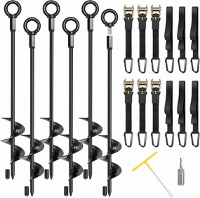 Ground Anchors, 6 Pack 18" RV Awning Tie Down Kit, Screw in Tent Stakes, Trampoline Anchors High Wind Heavy Duty with 6 Ratchet Straps for Campers Carport Sheds Swing Set Dog Tie Outs Stakes
