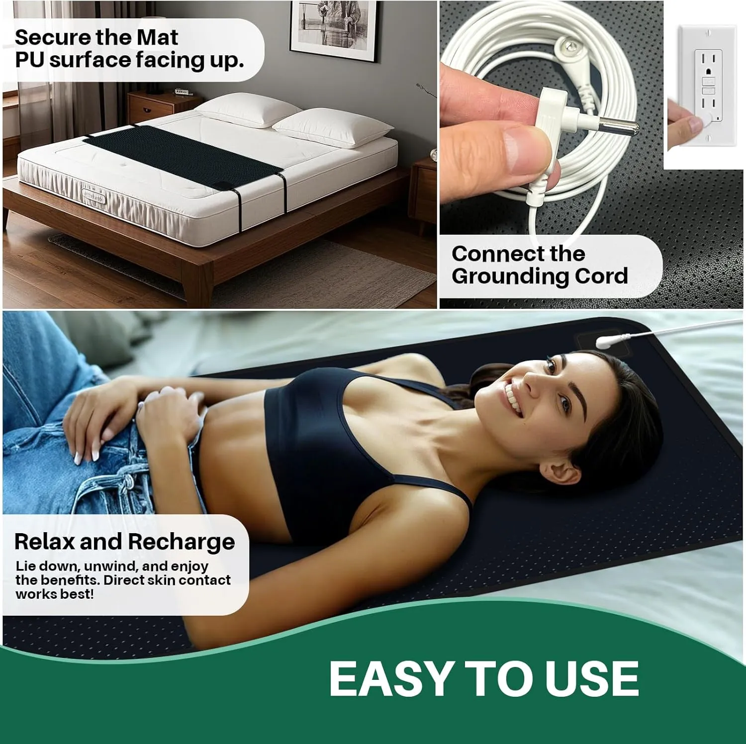 Grounding Mat for Bed: Grounding Pad for Sleeping - Anti-Slip PU Leather Grounded Mattress Pad Kit with Grounding Cord - Twin/Twin XL 27''×39‘’