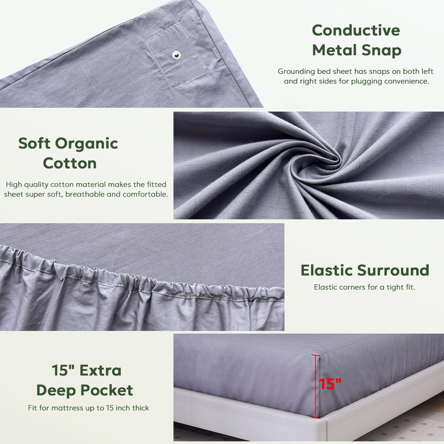 Grounding Sheets Queen Size, Organic Cotton 95% Pure Silver 5%, Earthing Bed Sheets,Fitted Bed Sheet with Grounding Cord for Better Sleep (Queen, Deep Gray - 60"x 80"x 15" Deep Pocket)