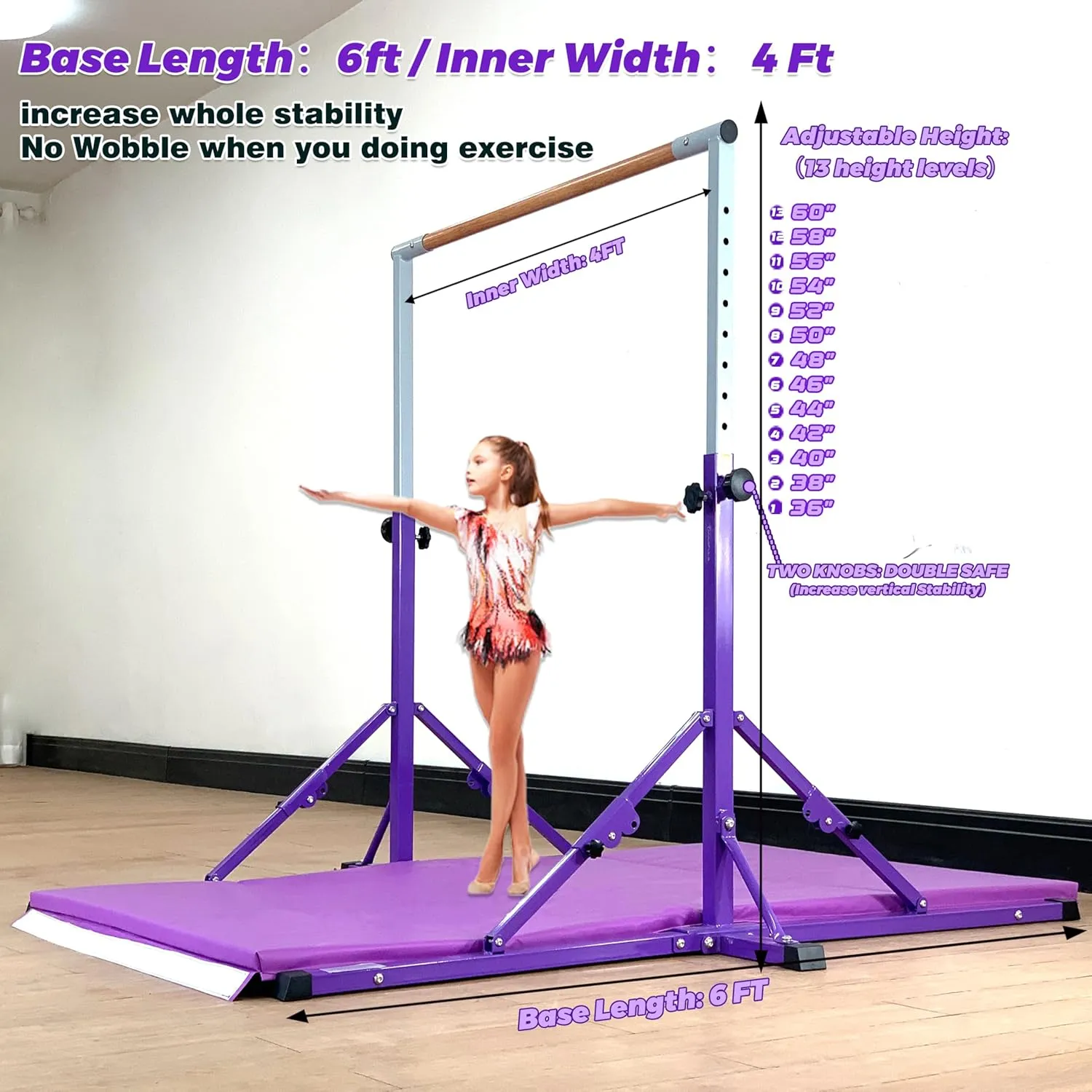 Gymnastic Bar for Kid and Teenage Ages 3-25, 5 FT / 6 FT Base Length, 5 FT / 6 FT Height, Gymnastic Kip Bar Horizontal Bar for Gymnast, Gymnastic Training Equipment for Home and Club Use