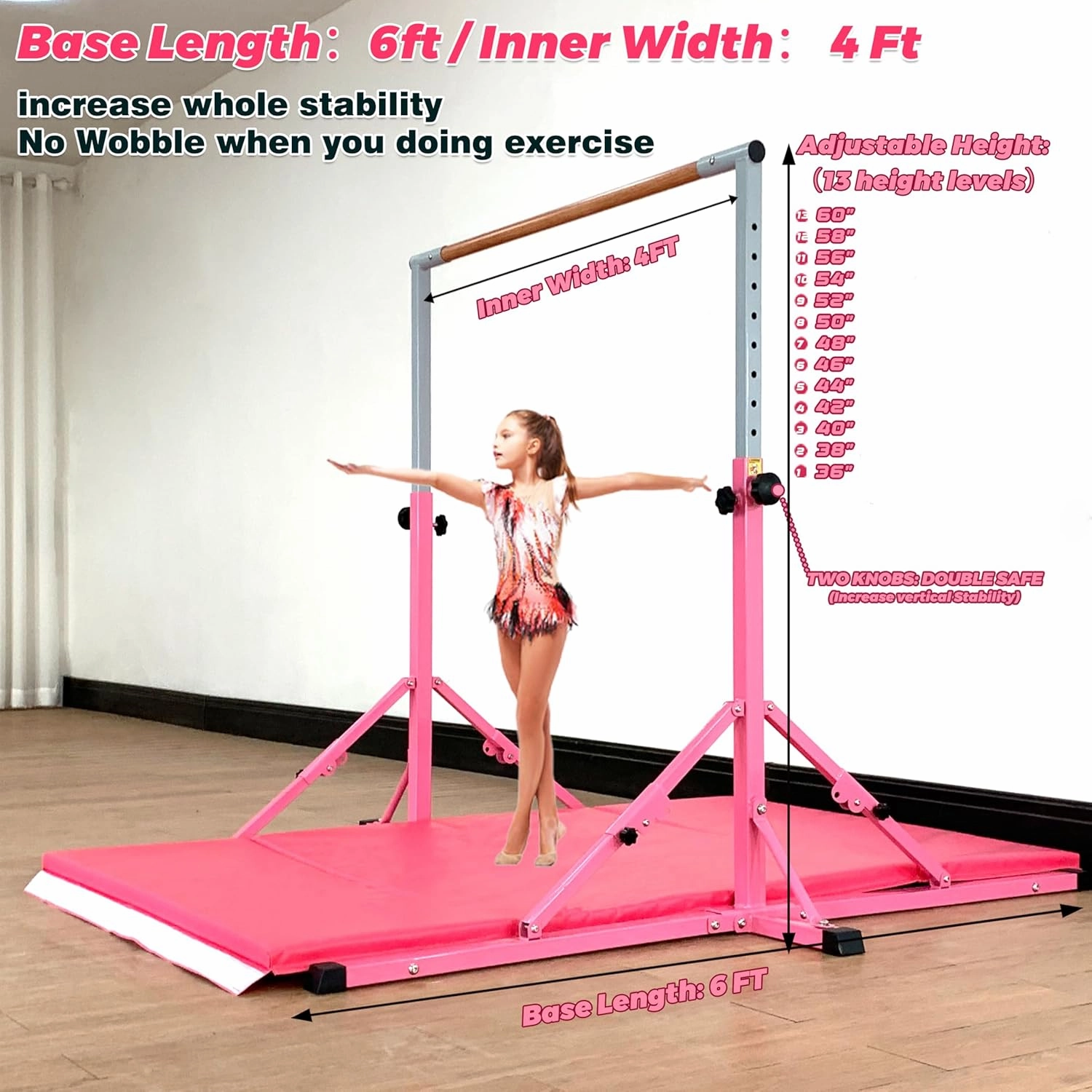 Gymnastic Bar for Kid and Teenage Ages 3-25, 5 FT / 6 FT Base Length, 5 FT / 6 FT Height, Gymnastic Kip Bar Horizontal Bar for Gymnast, Gymnastic Training Equipment for Home and Club Use