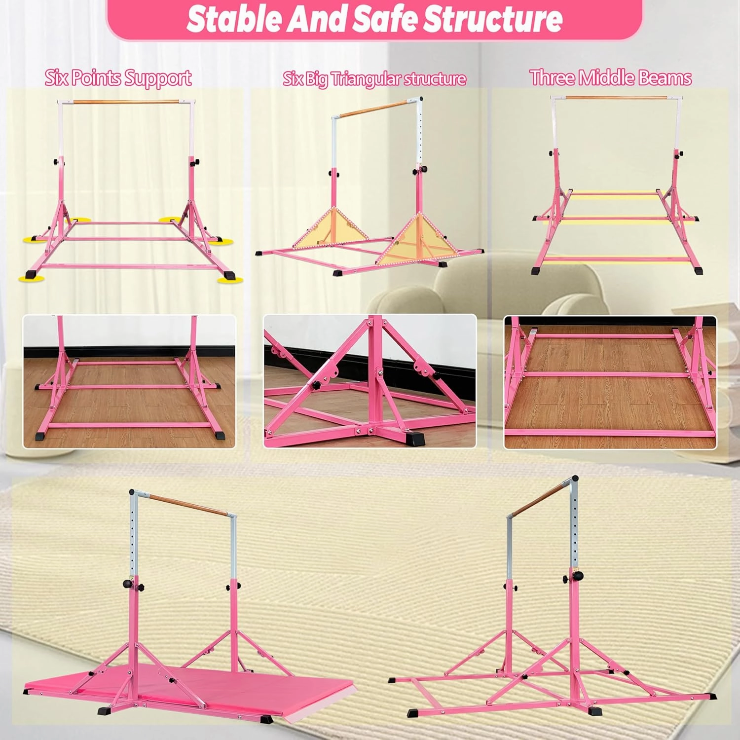 Gymnastic Bar for Kid and Teenage Ages 3-25, 5 FT / 6 FT Base Length, 5 FT / 6 FT Height, Gymnastic Kip Bar Horizontal Bar for Gymnast, Gymnastic Training Equipment for Home and Club Use