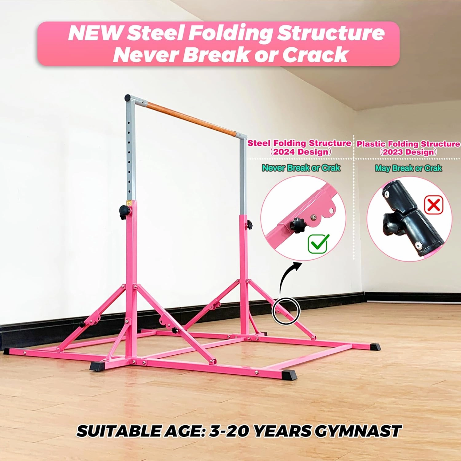 Gymnastic Bar for Kid and Teenage Ages 3-25, 5 FT / 6 FT Base Length, 5 FT / 6 FT Height, Gymnastic Kip Bar Horizontal Bar for Gymnast, Gymnastic Training Equipment for Home and Club Use