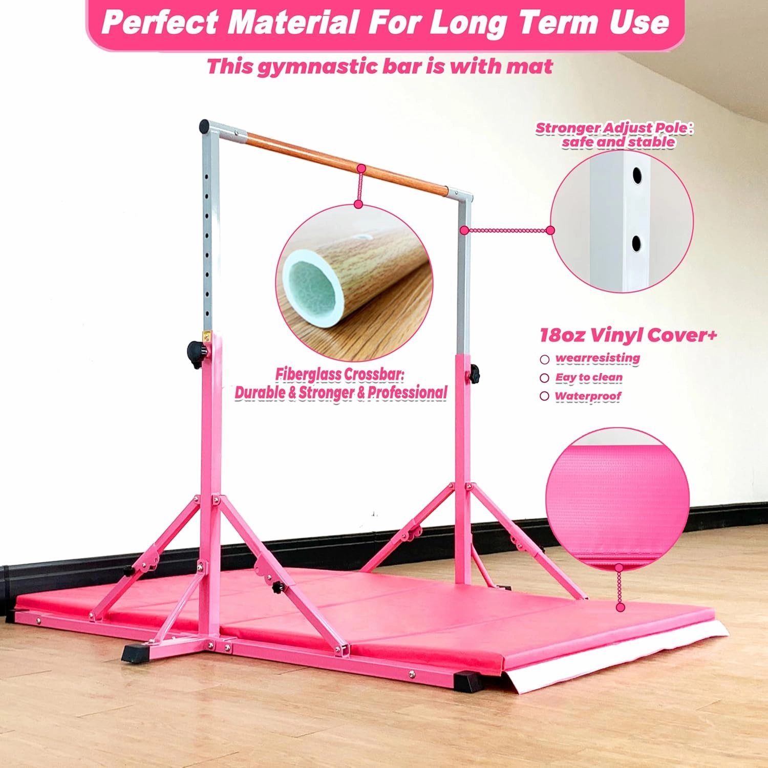 Gymnastic Bar for Kid and Teenage Ages 3-25, 5 FT / 6 FT Base Length, 5 FT / 6 FT Height, Gymnastic Kip Bar Horizontal Bar for Gymnast, Gymnastic Training Equipment for Home and Club Use