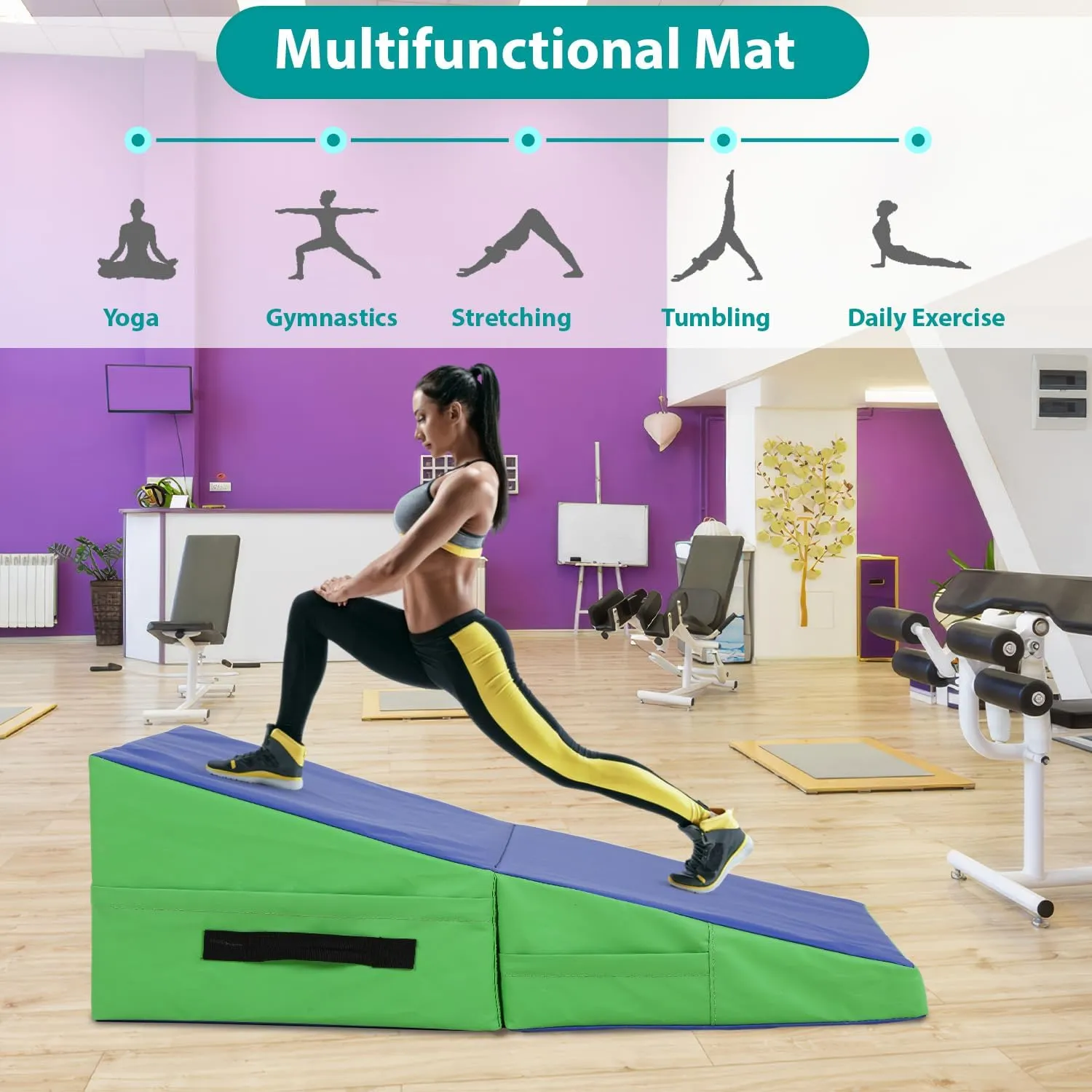 Gymnastics Tumbling Mat with Handle Non-Slip Cheese Wedge Mat Ideal for Yoga, Pilates,Martial Arts Suitable for Gym,Fitness Studio,Home Use