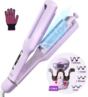 Hair Crimpers and Wavers with Cool Airflow Styling, Beach Waver Curling Iron with 4 Adjustable Curl, Anti-Scald Crimper Hair Tool for Women, 8s Smart Timer, Fast Heating, 100 Million Ions, LCD