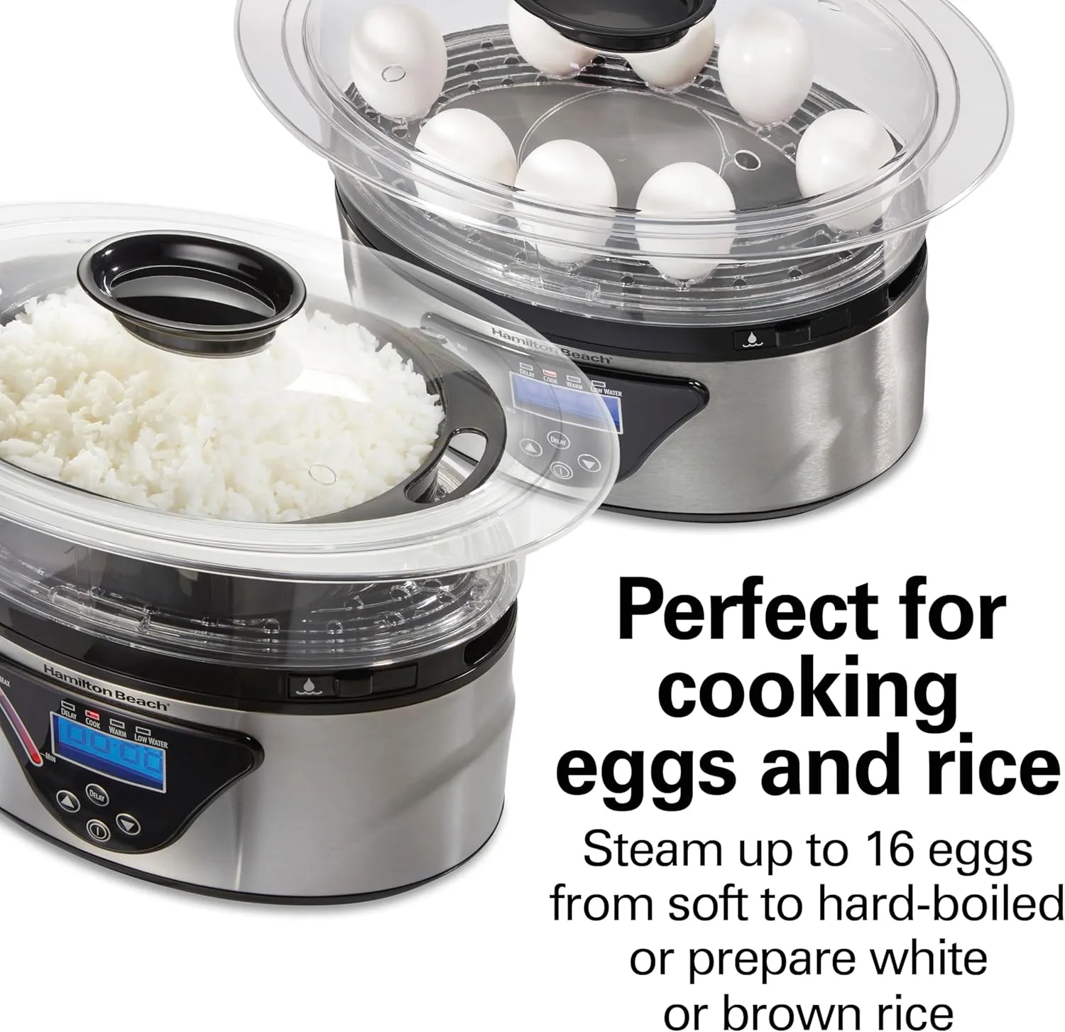 Hamilton Beach Digital Electric Food Steamer & Rice Cooker for Quick, Healthy Cooking for Vegetables and Seafood, Stackable Two-Tier Bowls, 5.5 Quart, Black & Stainless Steel