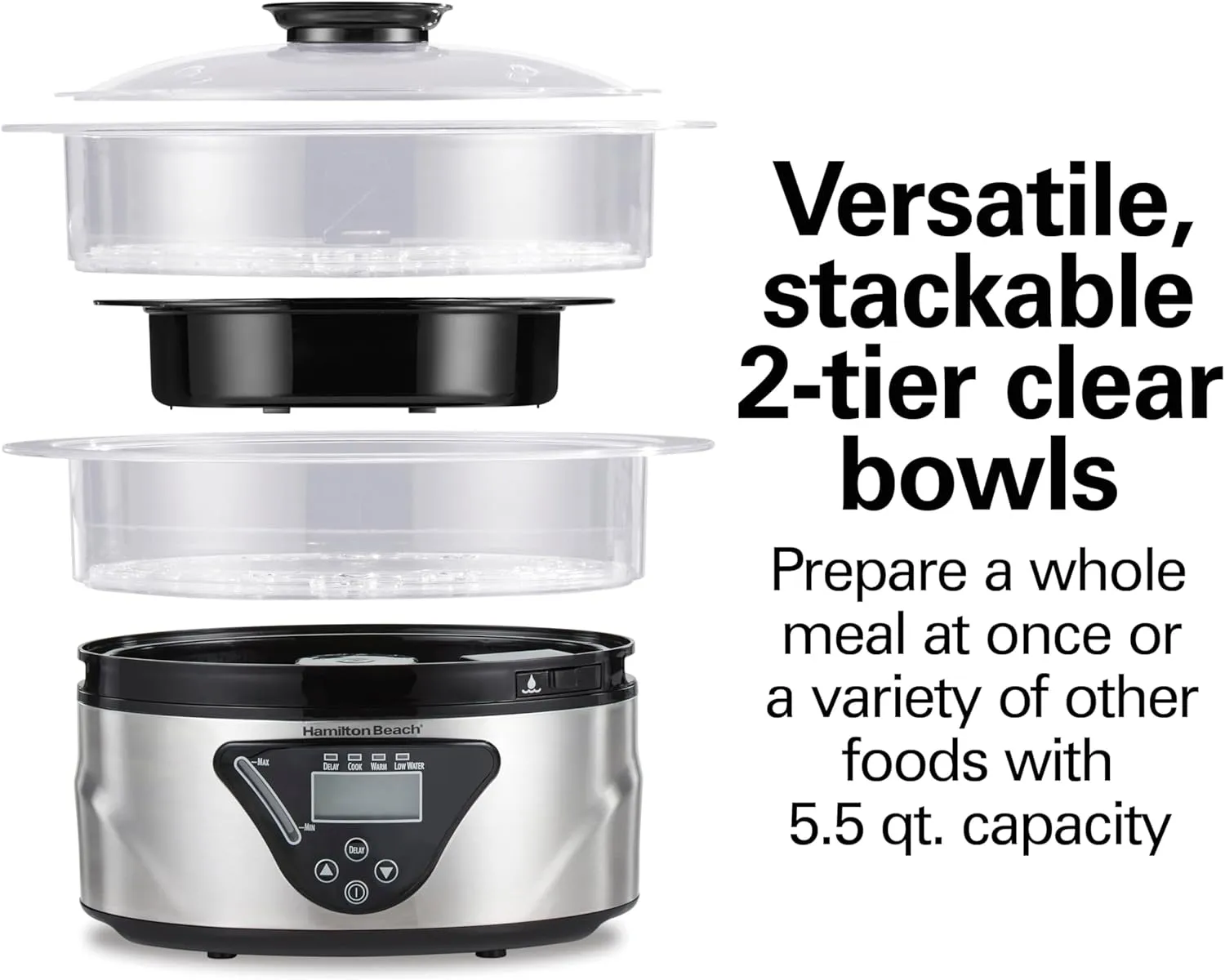 Hamilton Beach Digital Electric Food Steamer & Rice Cooker for Quick, Healthy Cooking for Vegetables and Seafood, Stackable Two-Tier Bowls, 5.5 Quart, Black & Stainless Steel