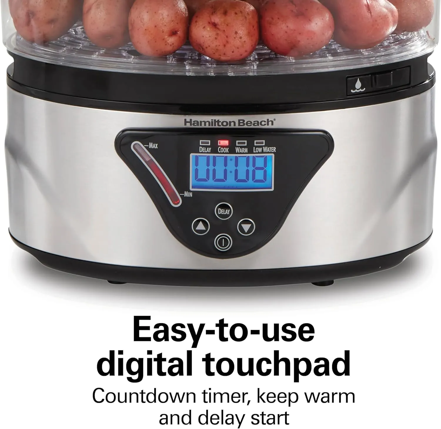 Hamilton Beach Digital Electric Food Steamer & Rice Cooker for Quick, Healthy Cooking for Vegetables and Seafood, Stackable Two-Tier Bowls, 5.5 Quart, Black & Stainless Steel