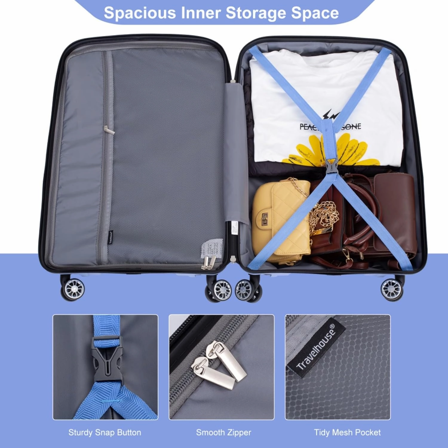 Hardshell Suitcase Double Spinner Wheels PP Luggage Sets Lightweight Durable Suitcase with Lock,3-Piece Set (20/24/28) (Purplish Blue   Polypropylene)