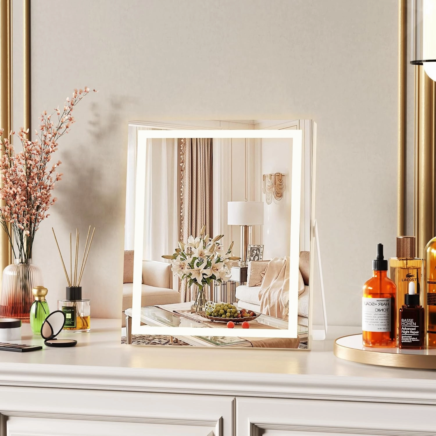 Hasipu Vanity Mirror with Lights, 9.8" x 11.8" LED Makeup Mirror with Smart Touch 3 Colors Dimmable, Brightness Adjustment, 360° Rotation, White