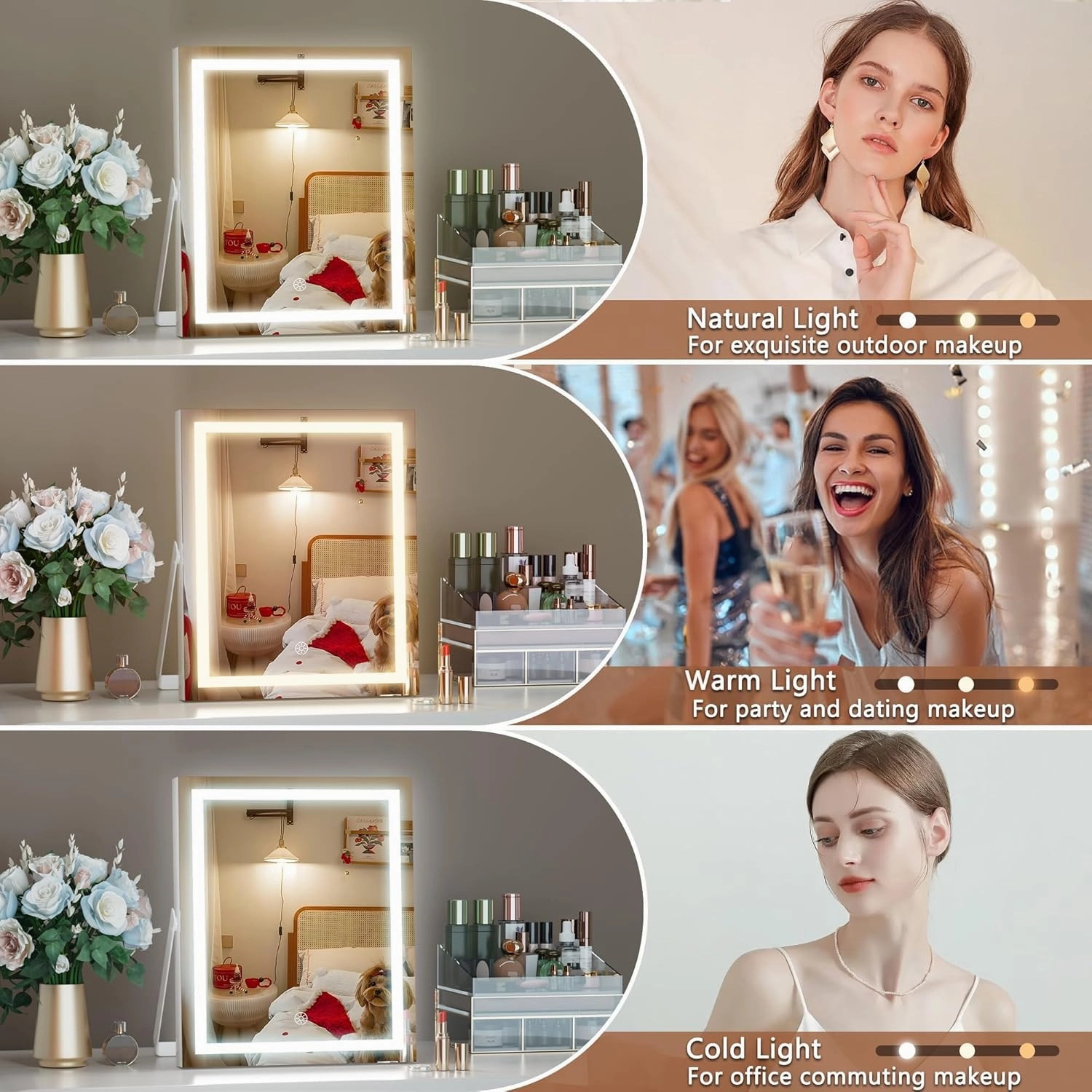 Hasipu Vanity Mirror with Lights, 9.8" x 11.8" LED Makeup Mirror with Smart Touch 3 Colors Dimmable, Brightness Adjustment, 360° Rotation, White