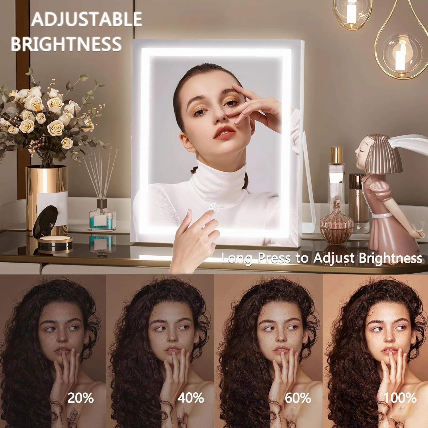 Hasipu Vanity Mirror with Lights, 9.8" x 11.8" LED Makeup Mirror with Smart Touch 3 Colors Dimmable, Brightness Adjustment, 360° Rotation, White