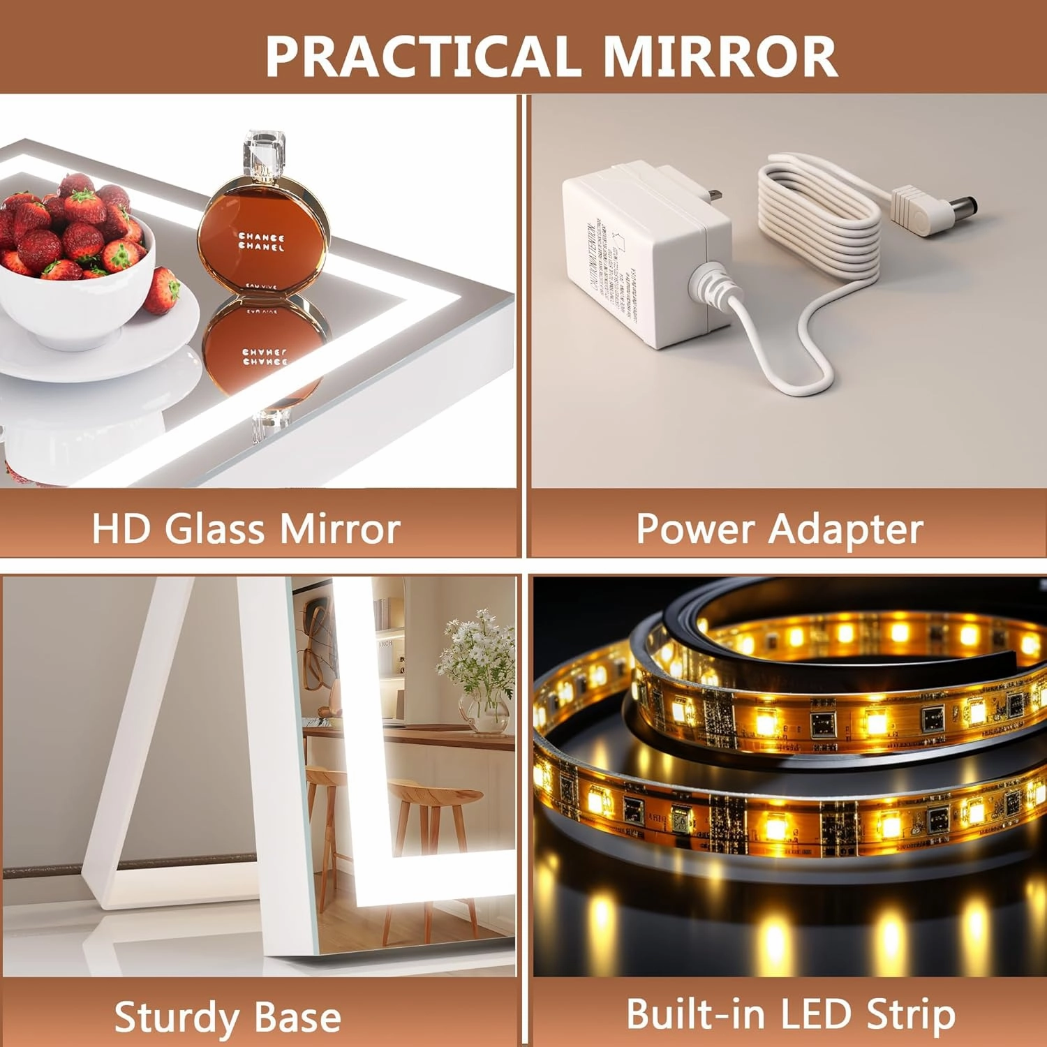Hasipu Vanity Mirror with Lights, 9.8" x 11.8" LED Makeup Mirror with Smart Touch 3 Colors Dimmable, Brightness Adjustment, 360° Rotation, White