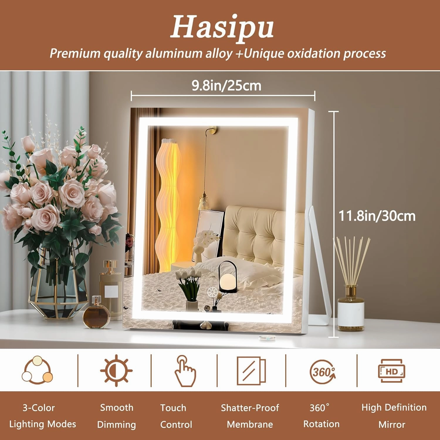 Hasipu Vanity Mirror with Lights, 9.8" x 11.8" LED Makeup Mirror with Smart Touch 3 Colors Dimmable, Brightness Adjustment, 360° Rotation, White