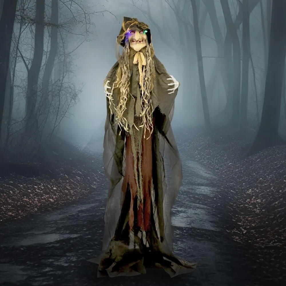 Haunted Hill Farm Life-Size Scary Poseable Scarecrow Witch Prop with Touch Activated Lights and Sound, Battery-Operated Indoor/ Covered Outdoor Halloween Decoration
