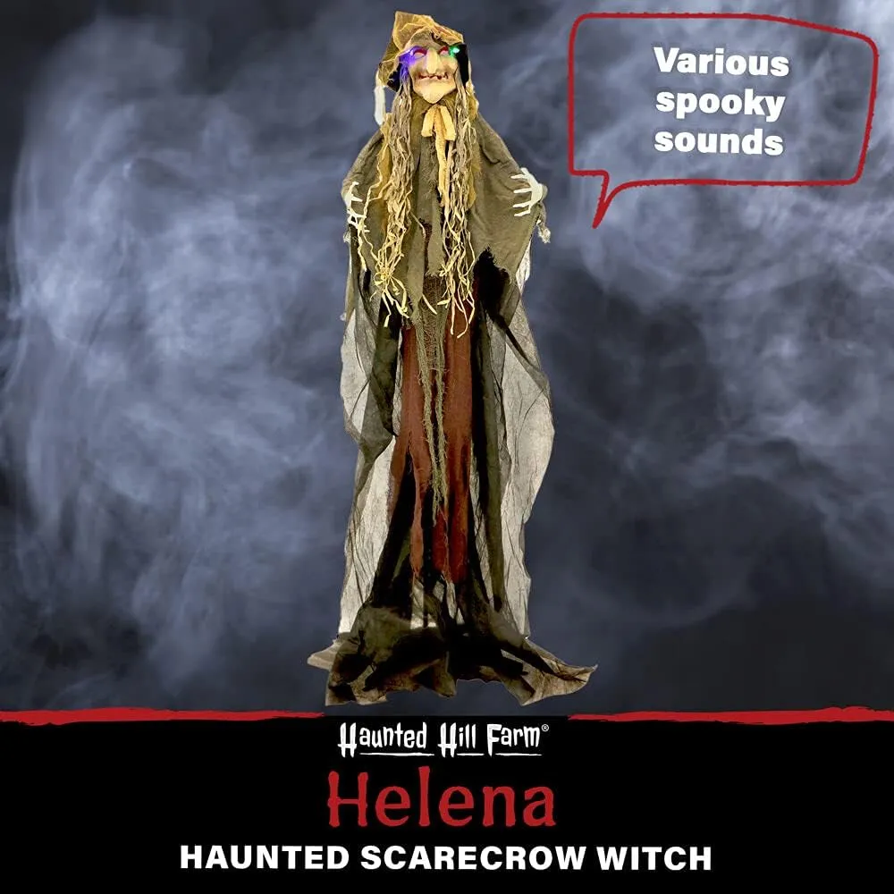 Haunted Hill Farm Life-Size Scary Poseable Scarecrow Witch Prop with Touch Activated Lights and Sound, Battery-Operated Indoor/ Covered Outdoor Halloween Decoration