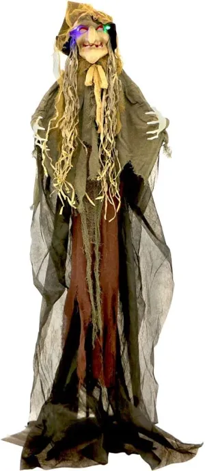 Haunted Hill Farm Life-Size Scary Poseable Scarecrow Witch Prop with Touch Activated Lights and Sound, Battery-Operated Indoor/ Covered Outdoor Halloween Decoration