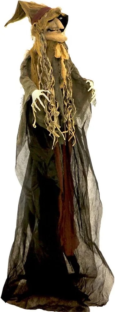 Haunted Hill Farm Life-Size Scary Poseable Scarecrow Witch Prop with Touch Activated Lights and Sound, Battery-Operated Indoor/ Covered Outdoor Halloween Decoration