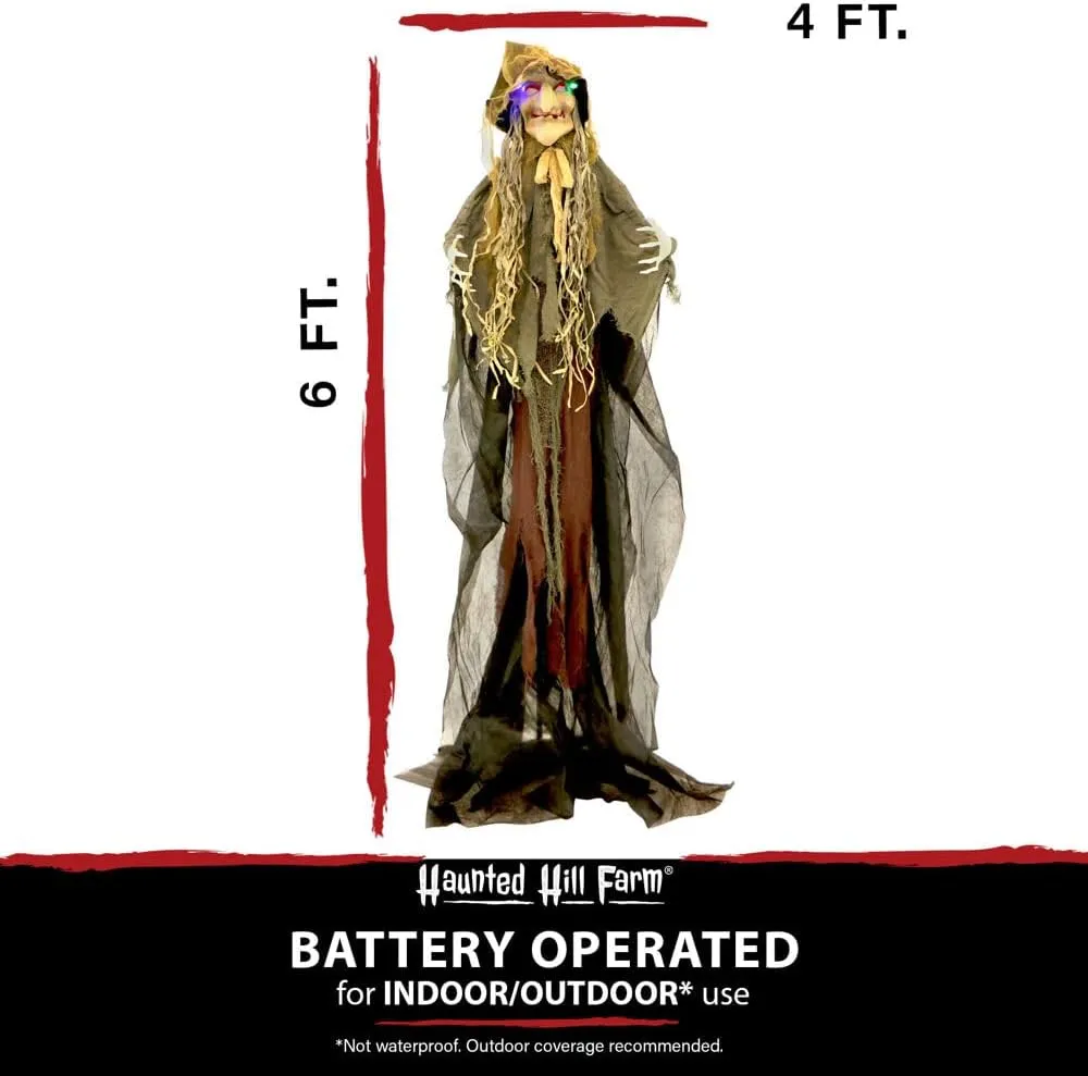 Haunted Hill Farm Life-Size Scary Poseable Scarecrow Witch Prop with Touch Activated Lights and Sound, Battery-Operated Indoor/ Covered Outdoor Halloween Decoration