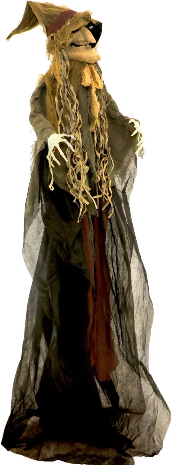 Haunted Hill Farm Life-Size Scary Poseable Scarecrow Witch Prop with Touch Activated Lights and Sound, Battery-Operated Indoor/ Covered Outdoor Halloween Decoration