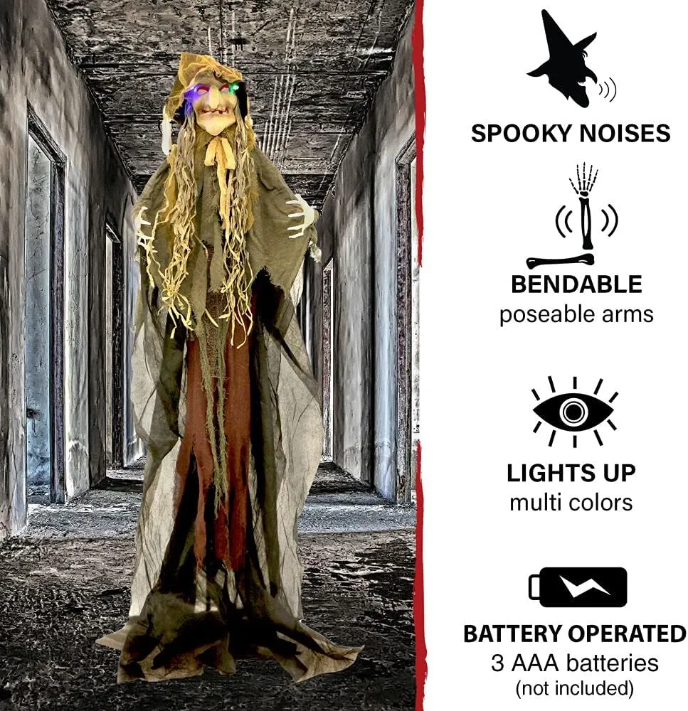 Haunted Hill Farm Life-Size Scary Poseable Scarecrow Witch Prop with Touch Activated Lights and Sound, Battery-Operated Indoor/ Covered Outdoor Halloween Decoration