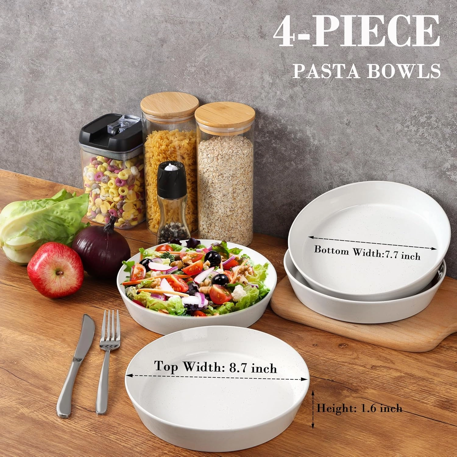 HaWare Pasta Bowls Set of 4, 34oz Salad Plates for Home Kitchen, Stackable Large Wide Ceramic Bowl for Serving Dinner, Microwave & Dishwasher Safe, Speckled Starlight White